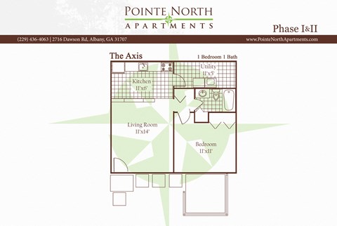 Floor plan for 1 bed, 1 bath, 576 sqft
